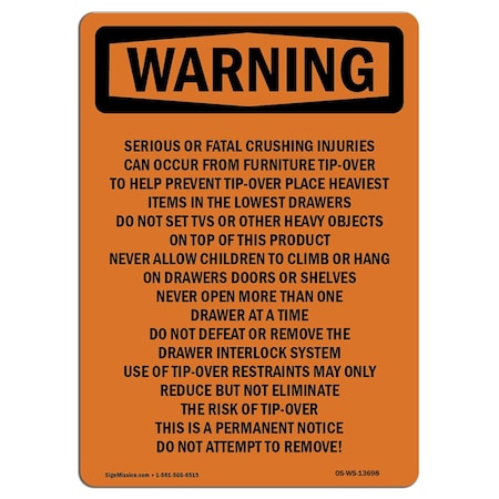 Signmission OSHA Sign, Tip-Over Hazard Do Not Attempt To Remove, 24in X 18in Decal, 18" W, 24" L, Portrait OS-WS-D-1824-V-13698